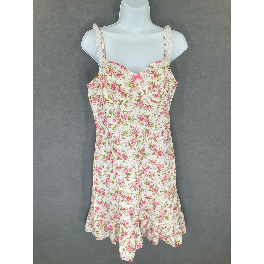 SHEIN Floral Babydoll Dress M Lace Trim Ruffle Hem Pink Bow Coquette Romantic